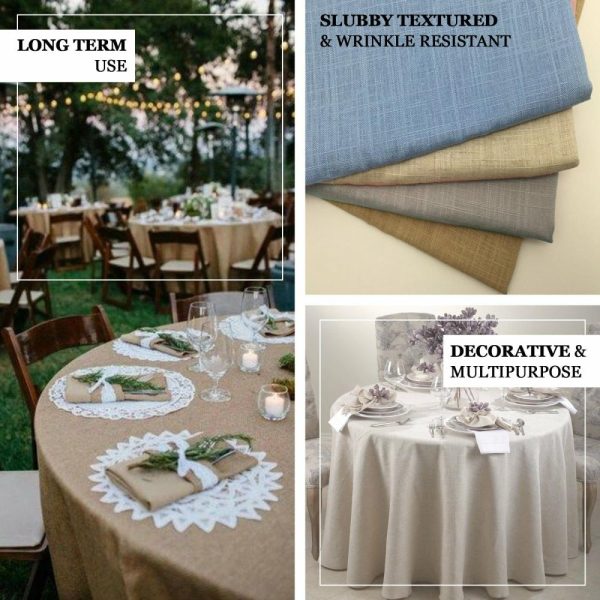 Jute & Lace |  120″ Blue Seamless Round Tablecloth, Linen Table Cloth With Slubby Textured, Wrinkle Resistant for 5 Foot Table With Floor-Length Drop