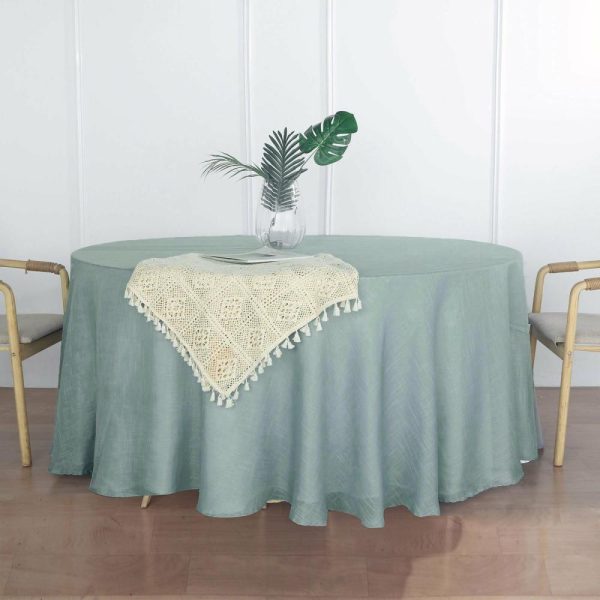 Jute & Lace |  120″ Dusty Blue Seamless Round Tablecloth, Linen Table Cloth With Slubby Textured, Wrinkle Resistant for 5 Foot Table With Floor-Length Drop