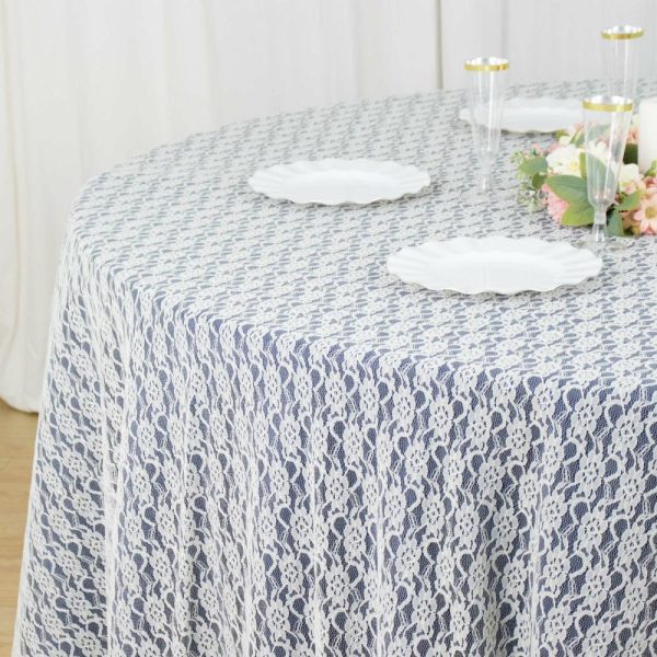 Jute & Lace |  120″ Ivory Round Seamless Polyester Floral Lace Tablecloth for 5 Foot Table With Floor-Length Drop