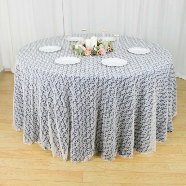 Jute & Lace |  120″ Ivory Round Seamless Polyester Floral Lace Tablecloth for 5 Foot Table With Floor-Length Drop