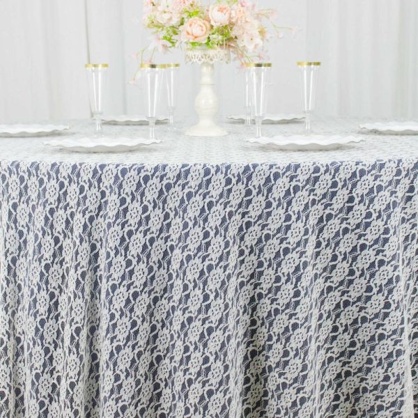 Jute & Lace |  120″ Ivory Round Seamless Polyester Floral Lace Tablecloth for 5 Foot Table With Floor-Length Drop