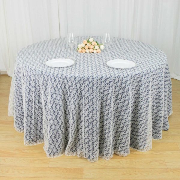 Jute & Lace |  120″ Ivory Round Seamless Polyester Floral Lace Tablecloth for 5 Foot Table With Floor-Length Drop