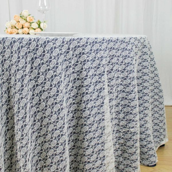 Jute & Lace |  120″ Ivory Round Seamless Polyester Floral Lace Tablecloth for 5 Foot Table With Floor-Length Drop