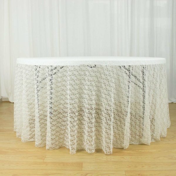 Jute & Lace |  120″ Ivory Round Seamless Polyester Floral Lace Tablecloth for 5 Foot Table With Floor-Length Drop