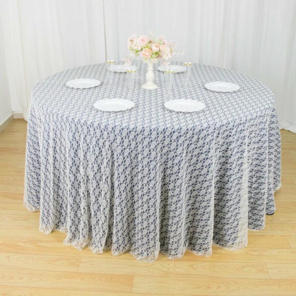 Jute & Lace |  120″ Ivory Round Seamless Polyester Floral Lace Tablecloth for 5 Foot Table With Floor-Length Drop