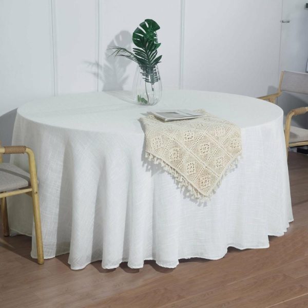 Jute & Lace |  120″ White Seamless Round Tablecloth, Linen Table Cloth With Slubby Textured, Wrinkle Resistant for 5 Foot Table With Floor-Length Drop