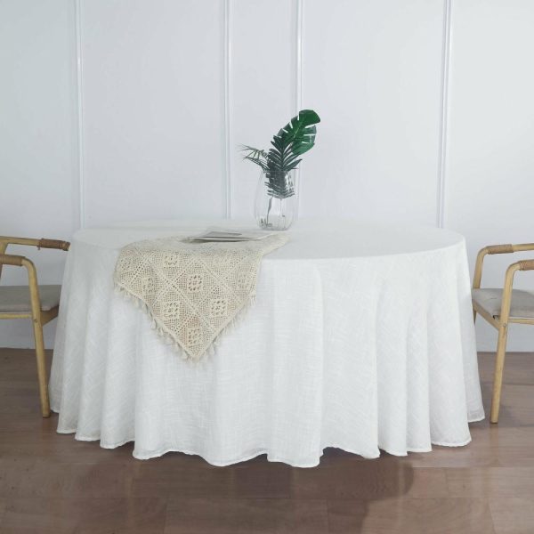 Jute & Lace |  120″ White Seamless Round Tablecloth, Linen Table Cloth With Slubby Textured, Wrinkle Resistant for 5 Foot Table With Floor-Length Drop