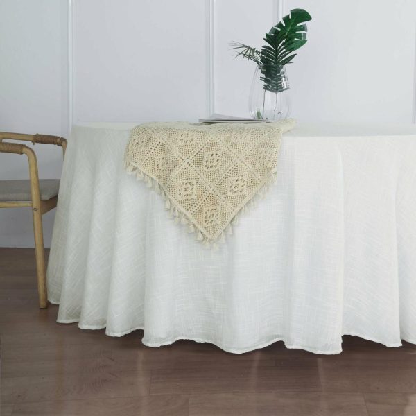 Jute & Lace |  120″ White Seamless Round Tablecloth, Linen Table Cloth With Slubby Textured, Wrinkle Resistant for 5 Foot Table With Floor-Length Drop