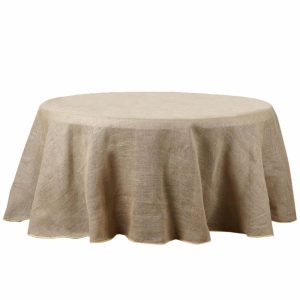 Jute & Lace |  132″ Natural Round Burlap Rustic Seamless Tablecloth Jute Linen Table Decor for 6 Foot Table With Floor-Length Drop