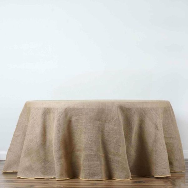 Jute & Lace |  132″ Natural Round Burlap Rustic Seamless Tablecloth Jute Linen Table Decor for 6 Foot Table With Floor-Length Drop