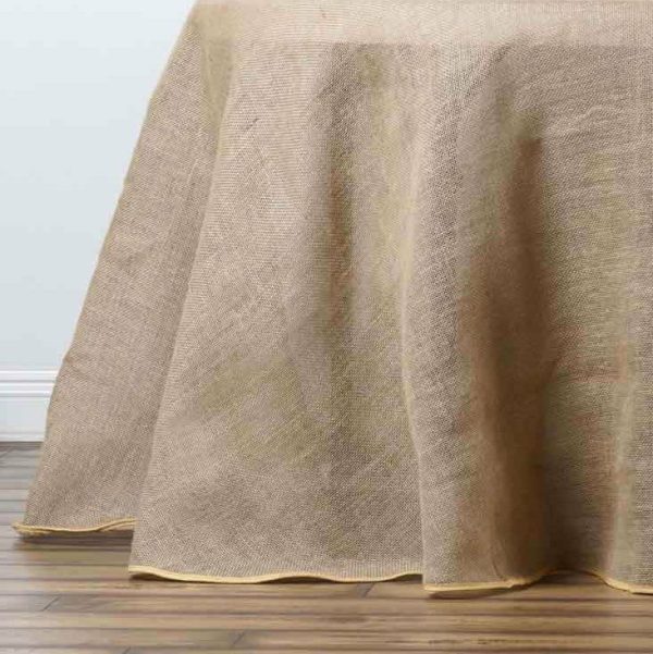 Jute & Lace |  132″ Natural Round Burlap Rustic Seamless Tablecloth Jute Linen Table Decor for 6 Foot Table With Floor-Length Drop