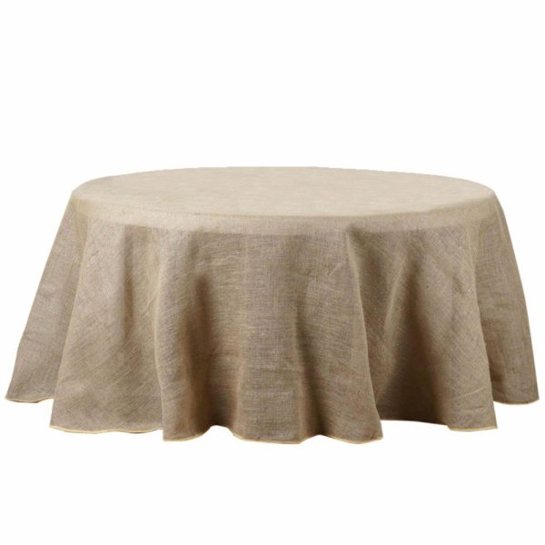 Jute & Lace |  132″ Natural Round Burlap Rustic Seamless Tablecloth Jute Linen Table Decor for 6 Foot Table With Floor-Length Drop