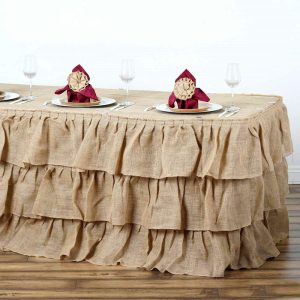 Jute & Lace |  14ft Natural 3 Tier Rustic Elegant Ruffled Burlap Table Skirt