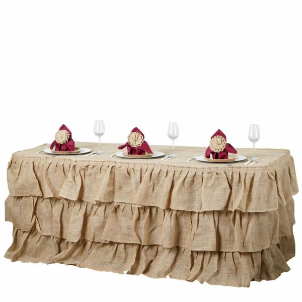 Jute & Lace |  14ft Natural 3 Tier Rustic Elegant Ruffled Burlap Table Skirt