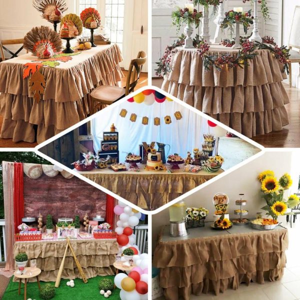 Jute & Lace |  14ft Natural 3 Tier Rustic Elegant Ruffled Burlap Table Skirt