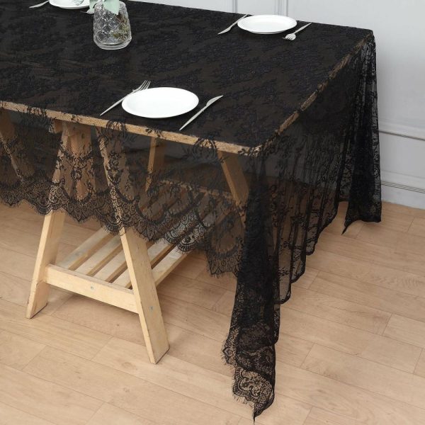 Jute & Lace |  60″x120″ Black Premium Lace Seamless Rectangle Tablecloth, Vintage Lace Table Cover With Scalloped Frill Edges