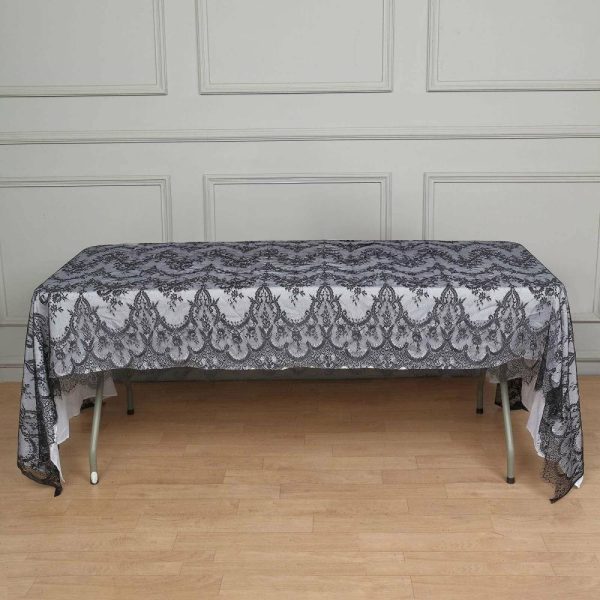 Jute & Lace |  60″x120″ Black Premium Lace Seamless Rectangle Tablecloth, Vintage Lace Table Cover With Scalloped Frill Edges