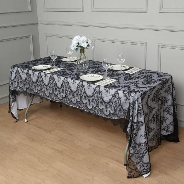 Jute & Lace |  60″x120″ Black Premium Lace Seamless Rectangle Tablecloth, Vintage Lace Table Cover With Scalloped Frill Edges