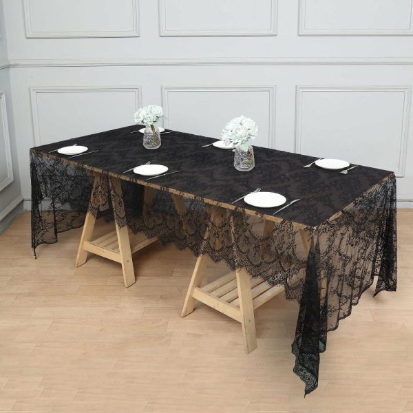 Jute & Lace |  60″x120″ Black Premium Lace Seamless Rectangle Tablecloth, Vintage Lace Table Cover With Scalloped Frill Edges