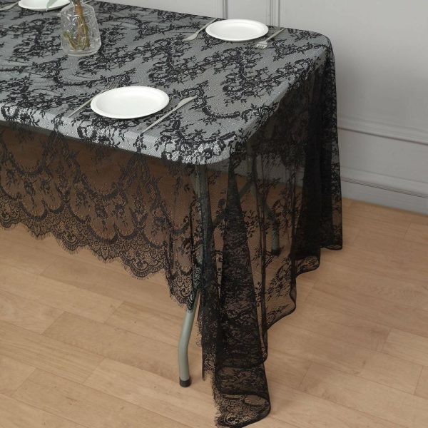 Jute & Lace |  60″x120″ Black Premium Lace Seamless Rectangle Tablecloth, Vintage Lace Table Cover With Scalloped Frill Edges