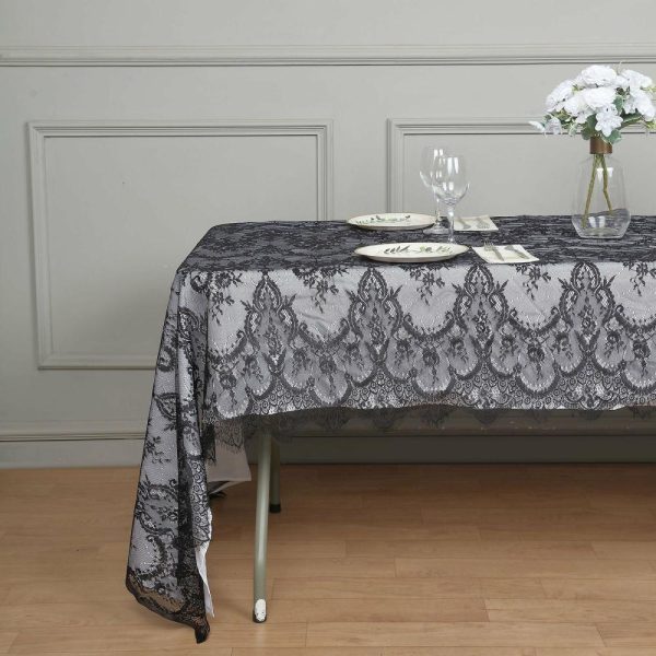 Jute & Lace |  60″x120″ Black Premium Lace Seamless Rectangle Tablecloth, Vintage Lace Table Cover With Scalloped Frill Edges