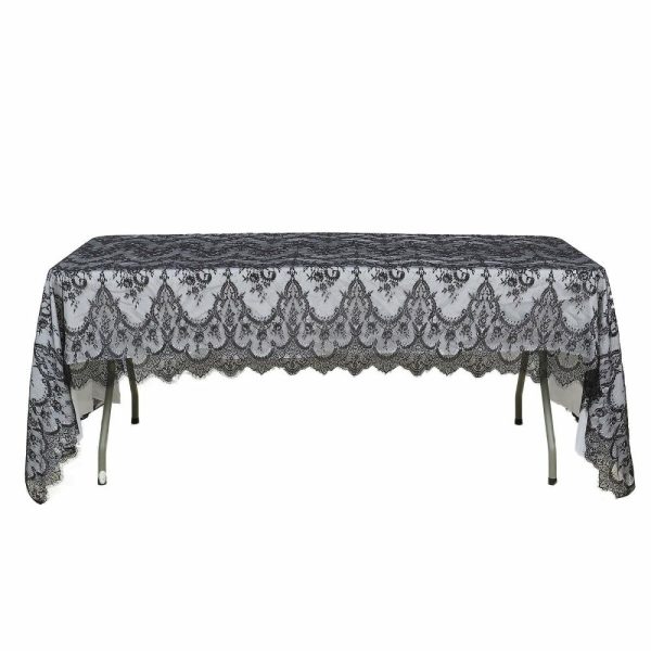 Jute & Lace |  60″x120″ Black Premium Lace Seamless Rectangle Tablecloth, Vintage Lace Table Cover With Scalloped Frill Edges