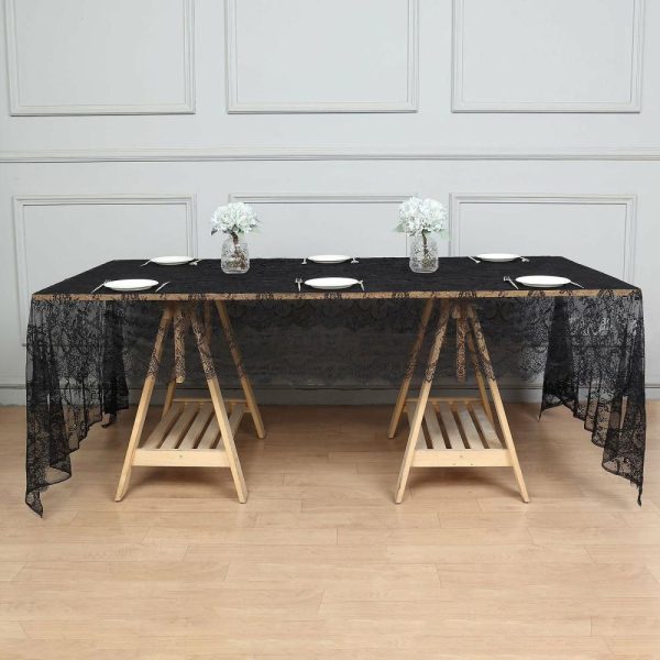 Jute & Lace |  60″x120″ Black Premium Lace Seamless Rectangle Tablecloth, Vintage Lace Table Cover With Scalloped Frill Edges