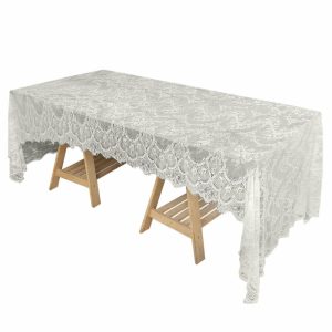 Jute & Lace |  60″x120″ Ivory Premium Lace Seamless Rectangle Tablecloth, Vintage Lace Table Cover With Scalloped Frill Edges