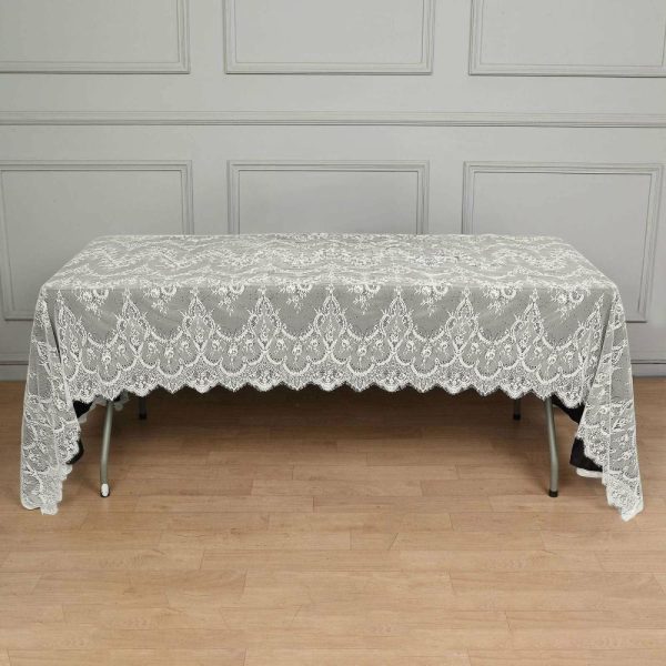 Jute & Lace |  60″x120″ Ivory Premium Lace Seamless Rectangle Tablecloth, Vintage Lace Table Cover With Scalloped Frill Edges