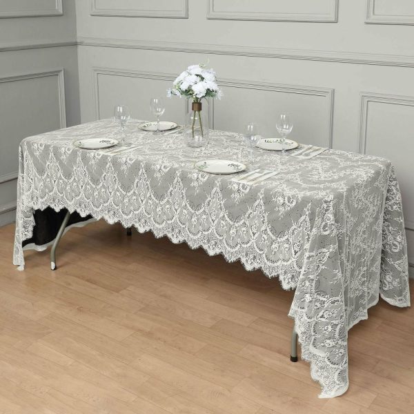 Jute & Lace |  60″x120″ Ivory Premium Lace Seamless Rectangle Tablecloth, Vintage Lace Table Cover With Scalloped Frill Edges