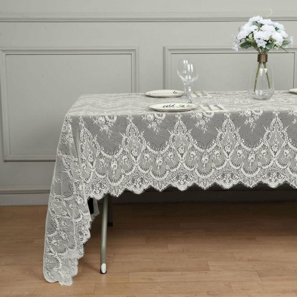 Jute & Lace |  60″x120″ Ivory Premium Lace Seamless Rectangle Tablecloth, Vintage Lace Table Cover With Scalloped Frill Edges