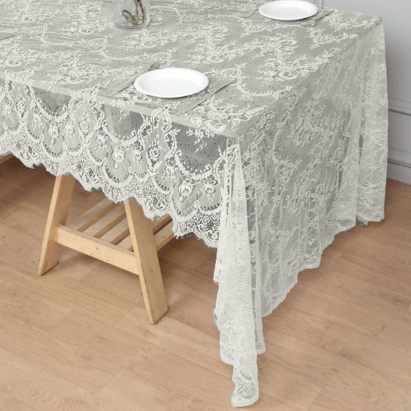 Jute & Lace |  60″x120″ Ivory Premium Lace Seamless Rectangle Tablecloth, Vintage Lace Table Cover With Scalloped Frill Edges