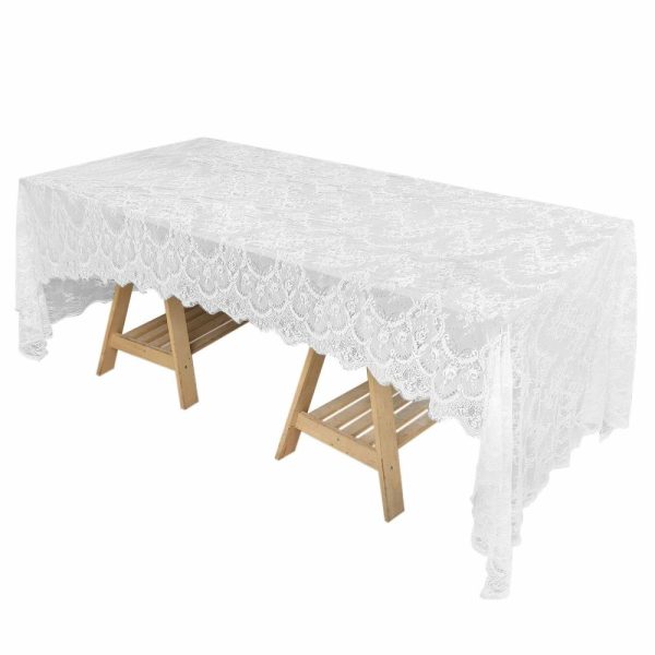 Jute & Lace |  60″x120″ White Premium Lace Seamless Rectangle Tablecloth, Vintage Lace Table Cover With Scalloped Frill Edges