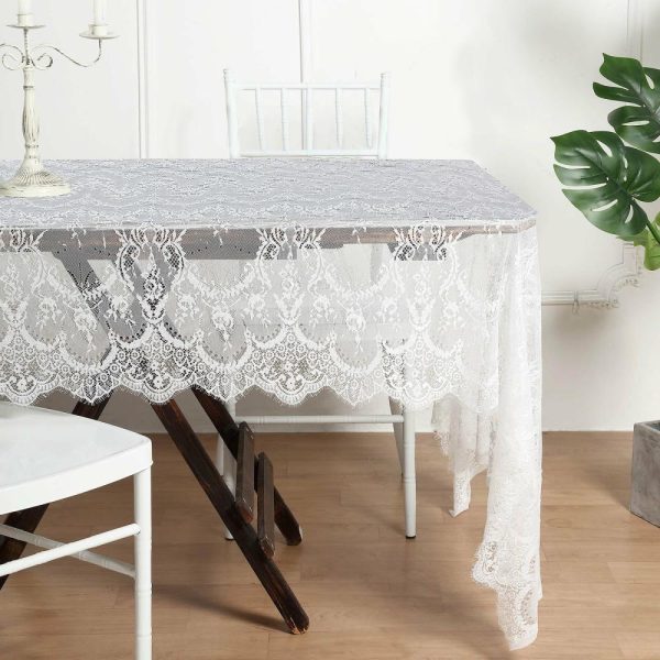 Jute & Lace |  60″x120″ White Premium Lace Seamless Rectangle Tablecloth, Vintage Lace Table Cover With Scalloped Frill Edges