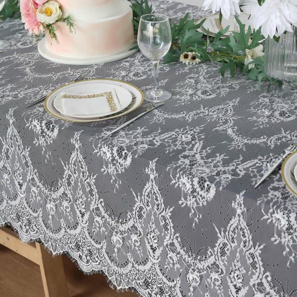 Jute & Lace |  60″x120″ White Premium Lace Seamless Rectangle Tablecloth, Vintage Lace Table Cover With Scalloped Frill Edges