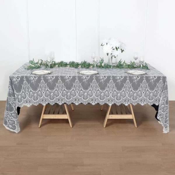 Jute & Lace |  60″x120″ White Premium Lace Seamless Rectangle Tablecloth, Vintage Lace Table Cover With Scalloped Frill Edges