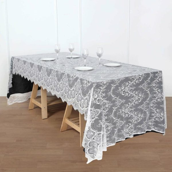 Jute & Lace |  60″x120″ White Premium Lace Seamless Rectangle Tablecloth, Vintage Lace Table Cover With Scalloped Frill Edges