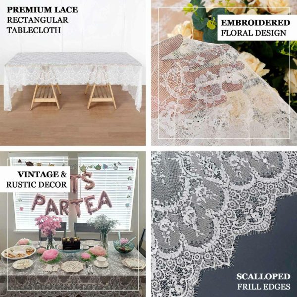 Jute & Lace |  60″x120″ White Premium Lace Seamless Rectangle Tablecloth, Vintage Lace Table Cover With Scalloped Frill Edges