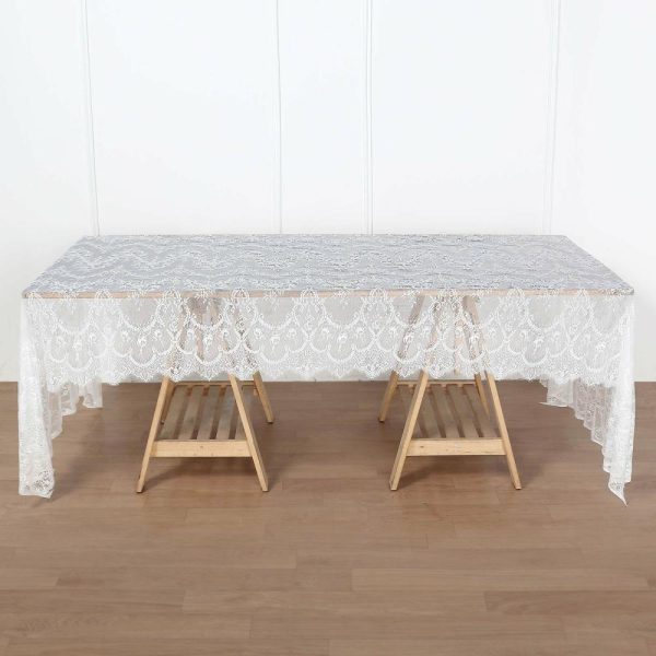 Jute & Lace |  60″x120″ White Premium Lace Seamless Rectangle Tablecloth, Vintage Lace Table Cover With Scalloped Frill Edges