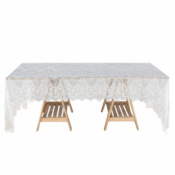 Jute & Lace |  60″x120″ White Premium Lace Seamless Rectangle Tablecloth, Vintage Lace Table Cover With Scalloped Frill Edges