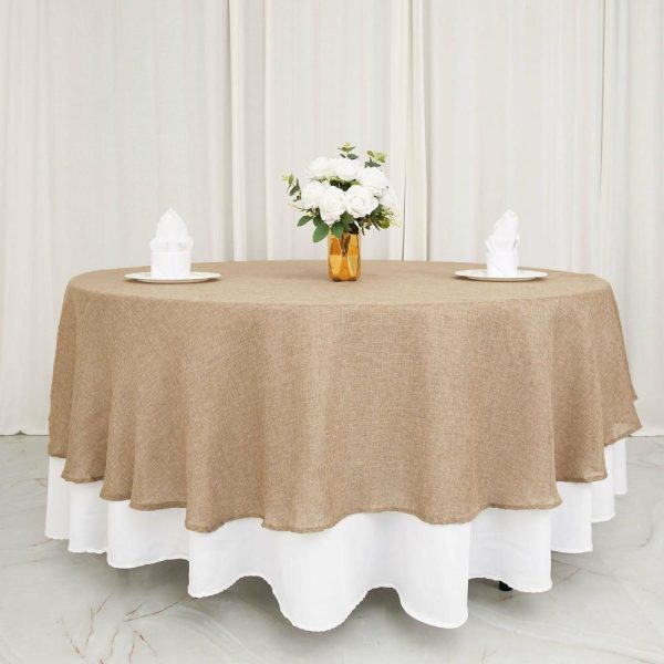 Jute & Lace |  90″ Natural Jute Seamless Faux Burlap Round Tablecloth Boho Chic Table Decor