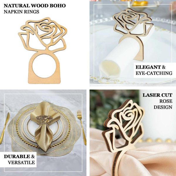 Napkin Rings |  10 Pack 4″ Natural Wood Laser Cut Rose Design Rustic Napkin Rings, Boho Farmhouse Napkin Holders