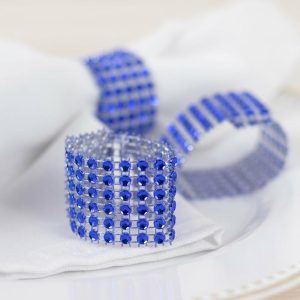 Napkin Rings |  10 Pack Royal Blue Diamond Rhinestone Napkin Rings, Chair Sash Velcro Brooch Buckle