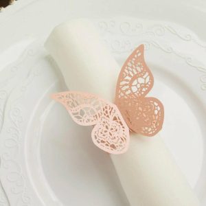 Napkin Rings |  12 Pack Blush Shimmery Laser Cut Butterfly Paper Chair Sash Bows, Napkin Rings, Serviette Holders