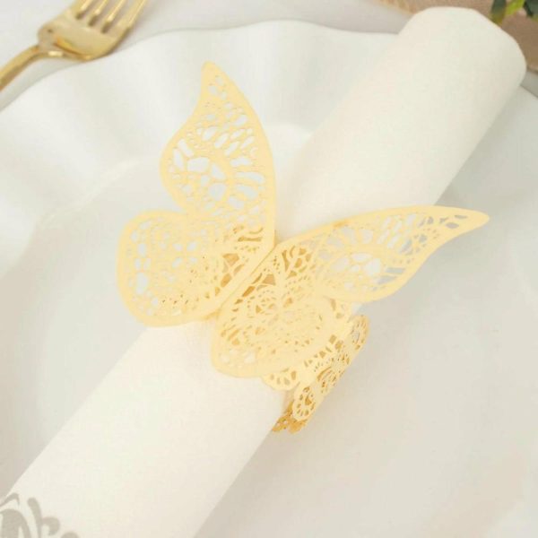 Napkin Rings |  12 Pack Champagne Shimmery Laser Cut Butterfly Paper Chair Sash Bows, Napkin Rings, Serviette Holders