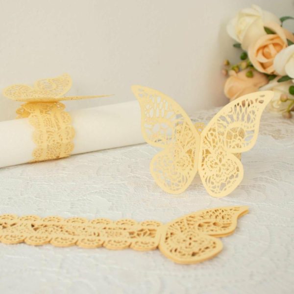 Napkin Rings |  12 Pack Champagne Shimmery Laser Cut Butterfly Paper Chair Sash Bows, Napkin Rings, Serviette Holders