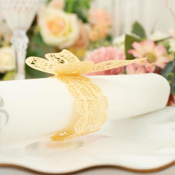 Napkin Rings |  12 Pack Champagne Shimmery Laser Cut Butterfly Paper Chair Sash Bows, Napkin Rings, Serviette Holders