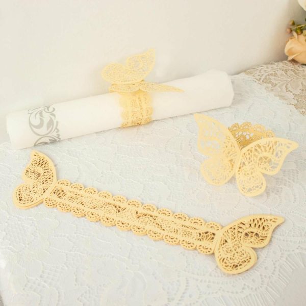 Napkin Rings |  12 Pack Champagne Shimmery Laser Cut Butterfly Paper Chair Sash Bows, Napkin Rings, Serviette Holders