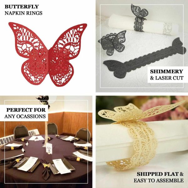 Napkin Rings |  12 Pack Champagne Shimmery Laser Cut Butterfly Paper Chair Sash Bows, Napkin Rings, Serviette Holders