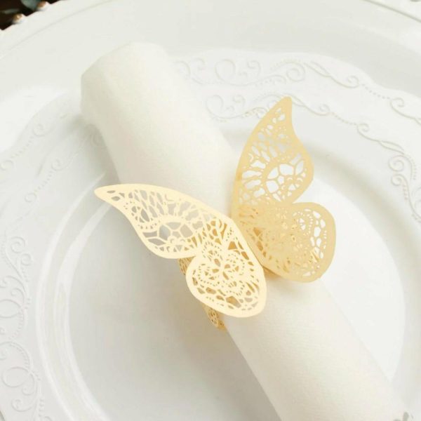 Napkin Rings |  12 Pack Champagne Shimmery Laser Cut Butterfly Paper Chair Sash Bows, Napkin Rings, Serviette Holders